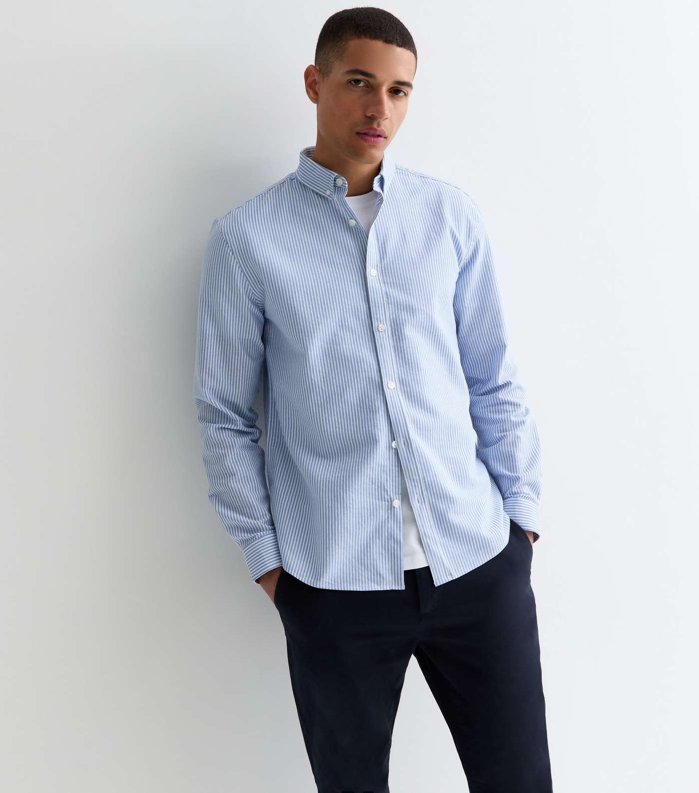 Blue Stripe Long Sleeve Cotton Oxford Shirt  Image 2