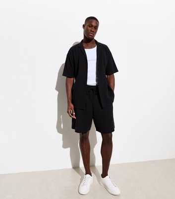 Black Relaxed Fit Textured Cotton Shorts