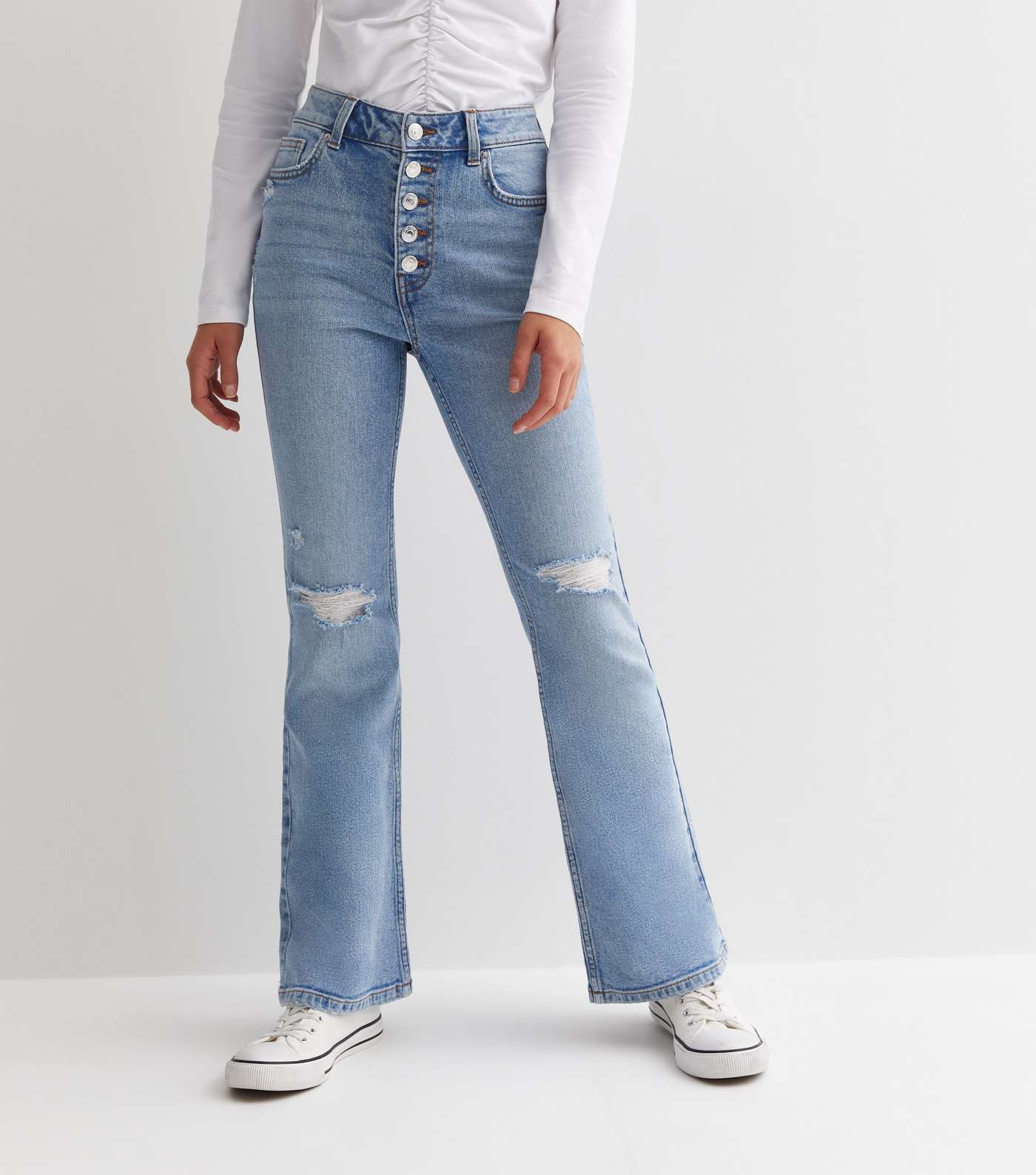 Girls Blue Ripped Knee Flared Jeans Image 4