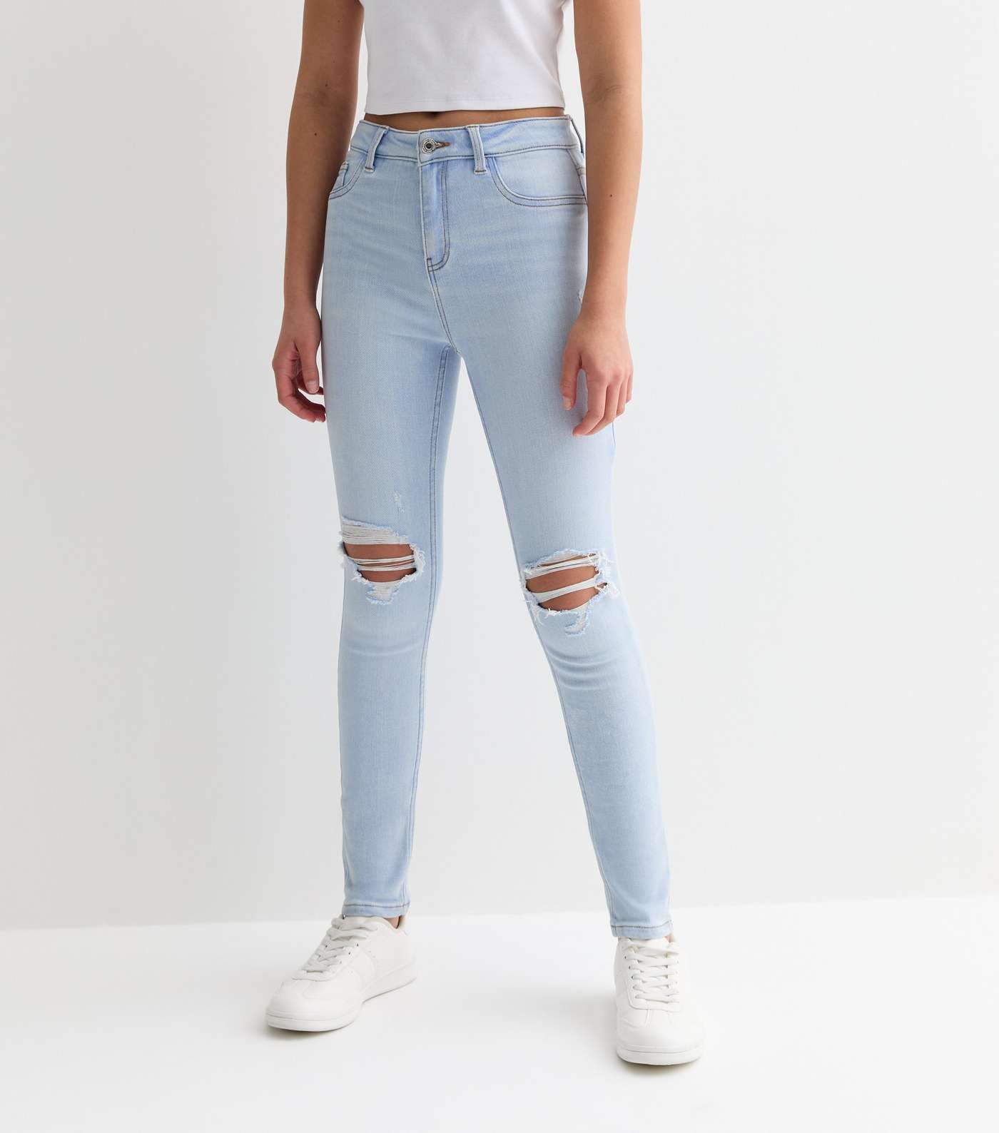 Girls Pale Blue High Waist Ripped Knee Hallie Skinny Jeans Image 2
