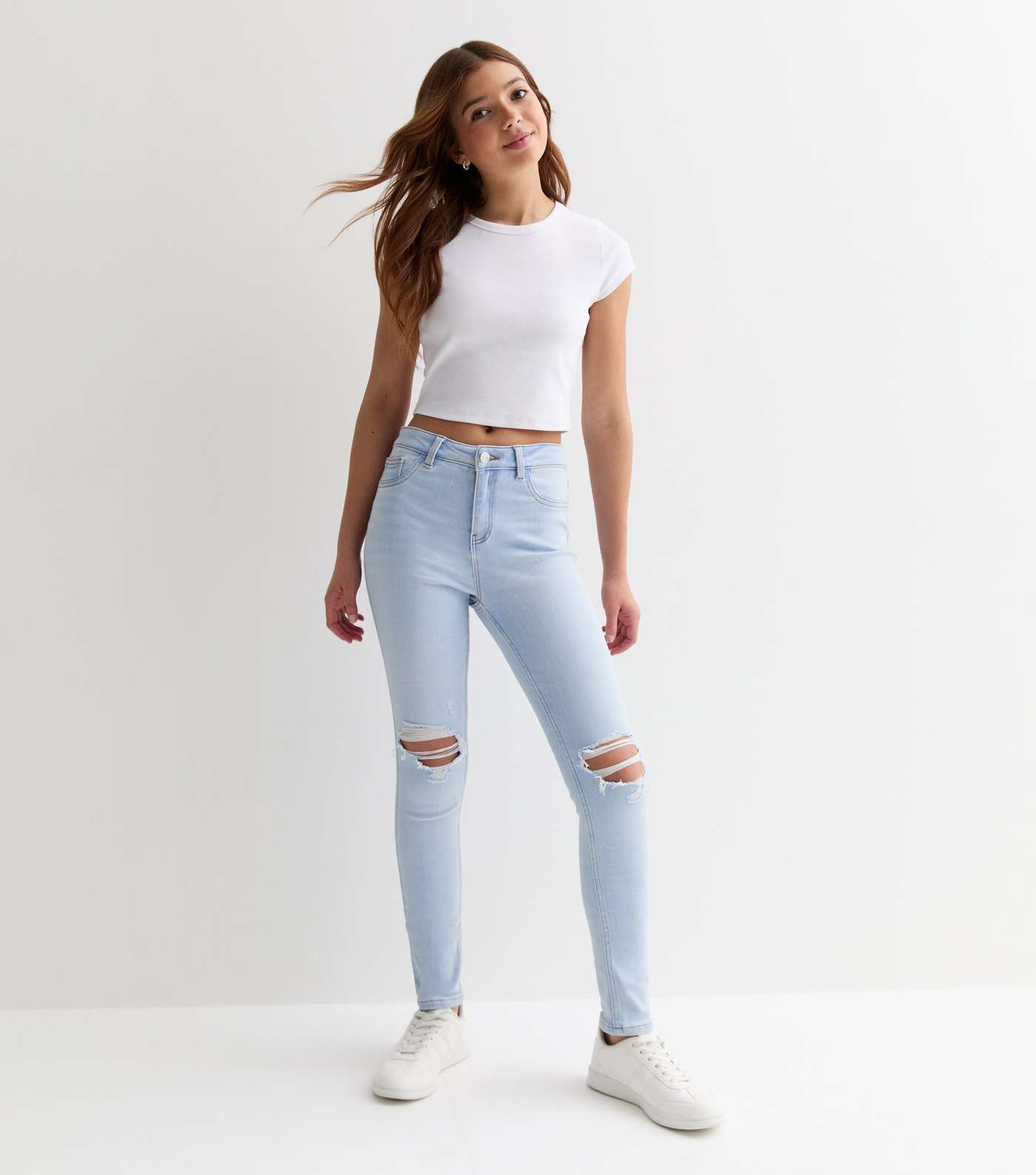 Girls Pale Blue High Waist Ripped Knee Hallie Skinny Jeans Image 4