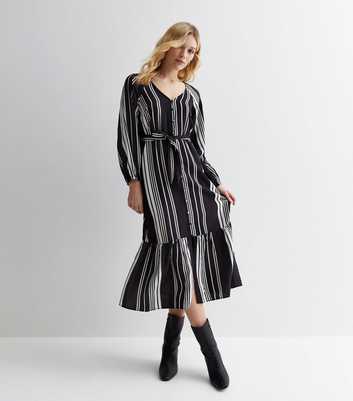 Black Stripe Long Sleeve Midi Shirt Dress
