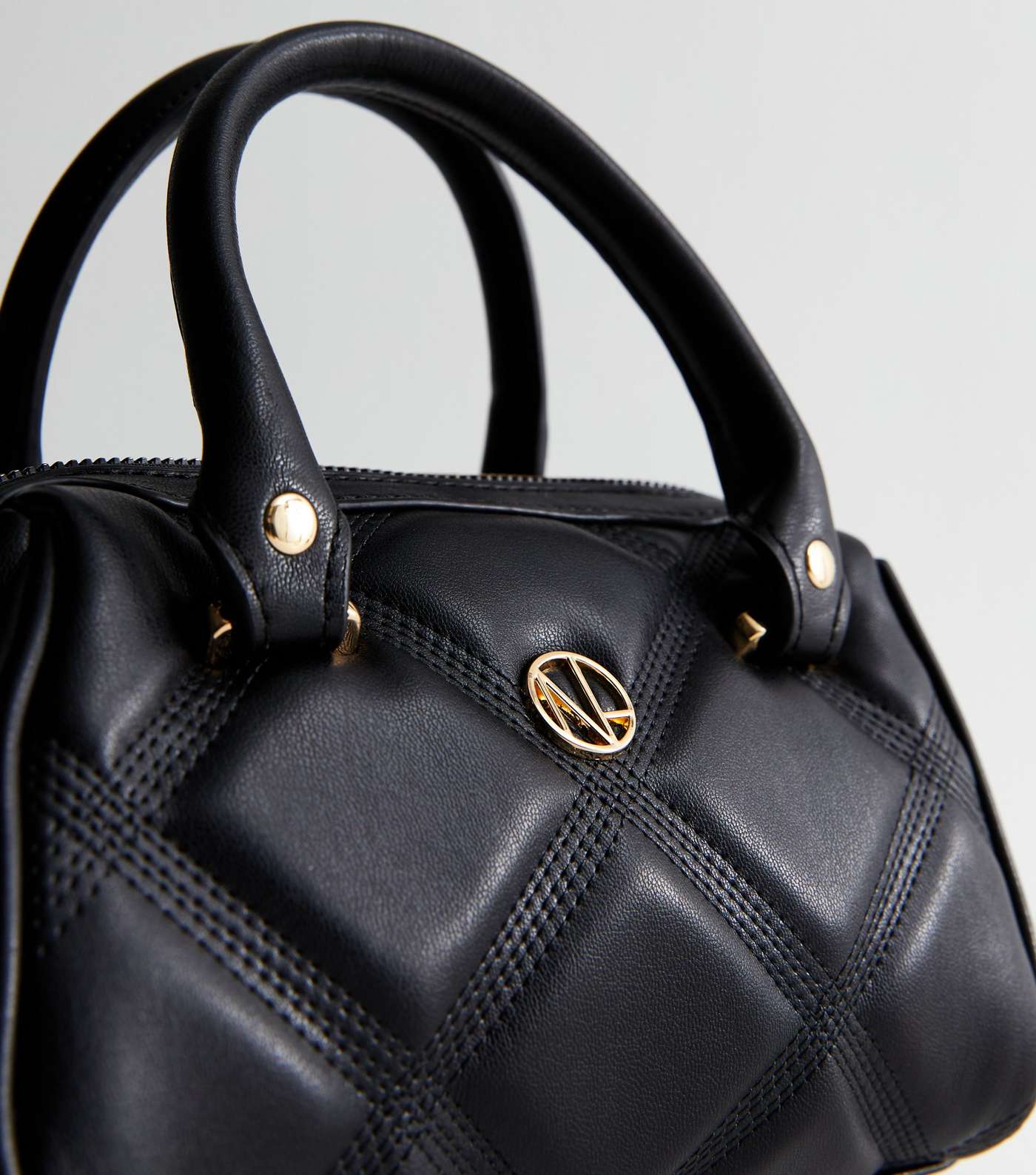 Black Leather-Look Stitch Mini Bowler Bag Image 3