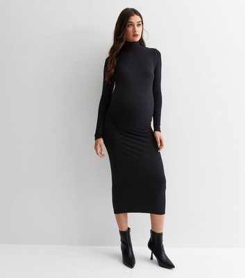 Maternity Black Ribbed High Neck Midi Dress