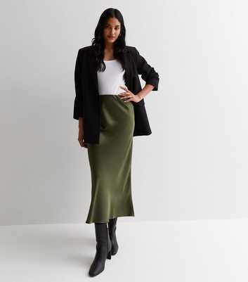 Khaki Satin Midi Skirt