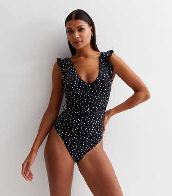 Black Spot Frill Sleeve Belted Swimsuit