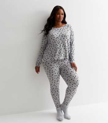 Curves Pale Grey Leggings Pyjama Set with Heart Print