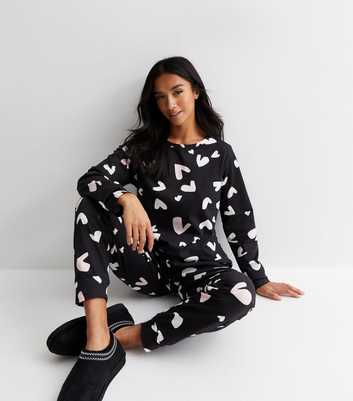Petite Black Jogger Pyjama Set with Heart Print