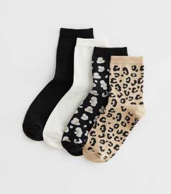 4 Pack Black Cream and Brown Mixed Leopard Print Socks