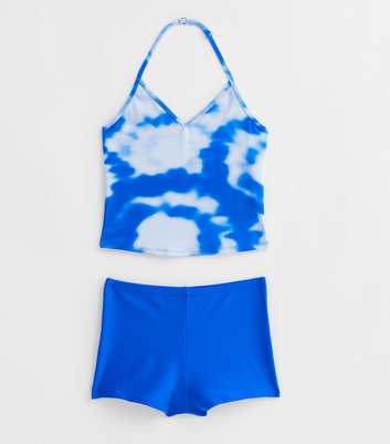 Girls Blue Tie Dye Print Halter Tankini Set
