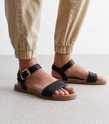 Black Leather-Look Woven 2 Part Sandals