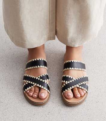 Black Leather-Look Whipstitch Cross Over Sliders