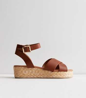 Tan Leather-Look 2 Part Flatform Espadrille Sandals