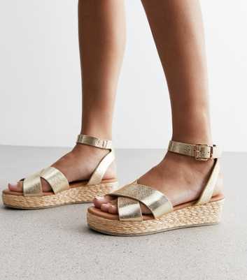 Gold Leather-Look 2 Part Flatform Espadrille Sandals