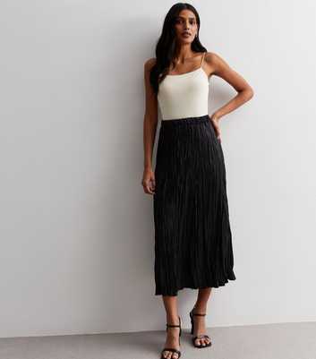 Black Pleated Woven Midi Skirt