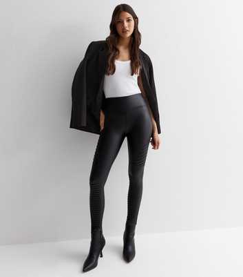 Cameo Rose Black Leather-Look Ribbed Panel Leggings