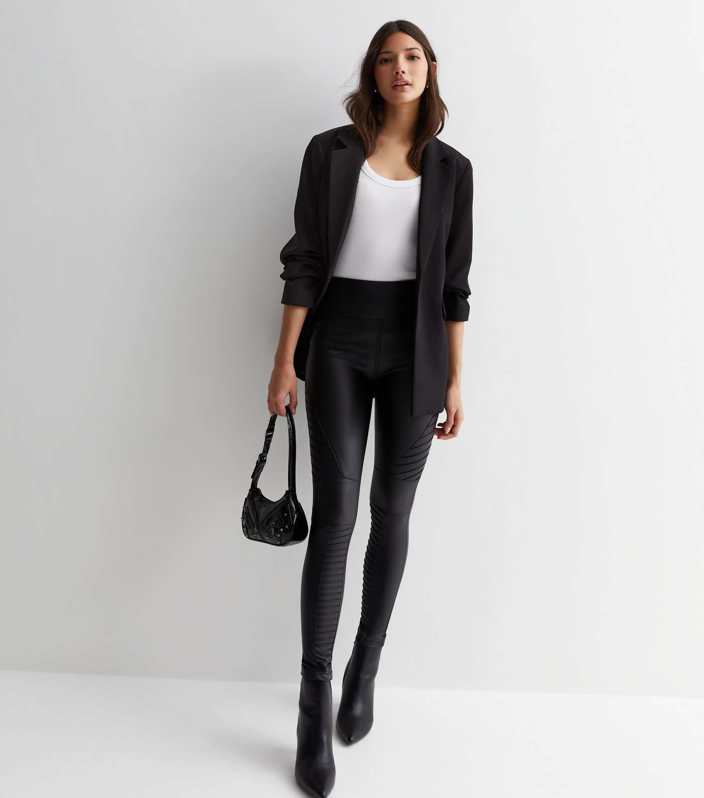 Cameo Rose Black Leather-Look Ribbed Panel Leggings Image 3