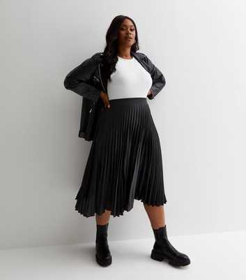 Curves Black Satin Pleated Midi Skirt
