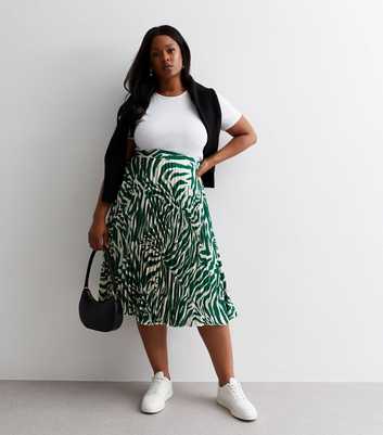 Curves Green Animal Print Satin Pleated Midi Skirt