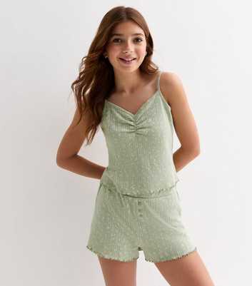 Girls Light Green Ditsy Floral Pointelle Cami Pyjama Set
