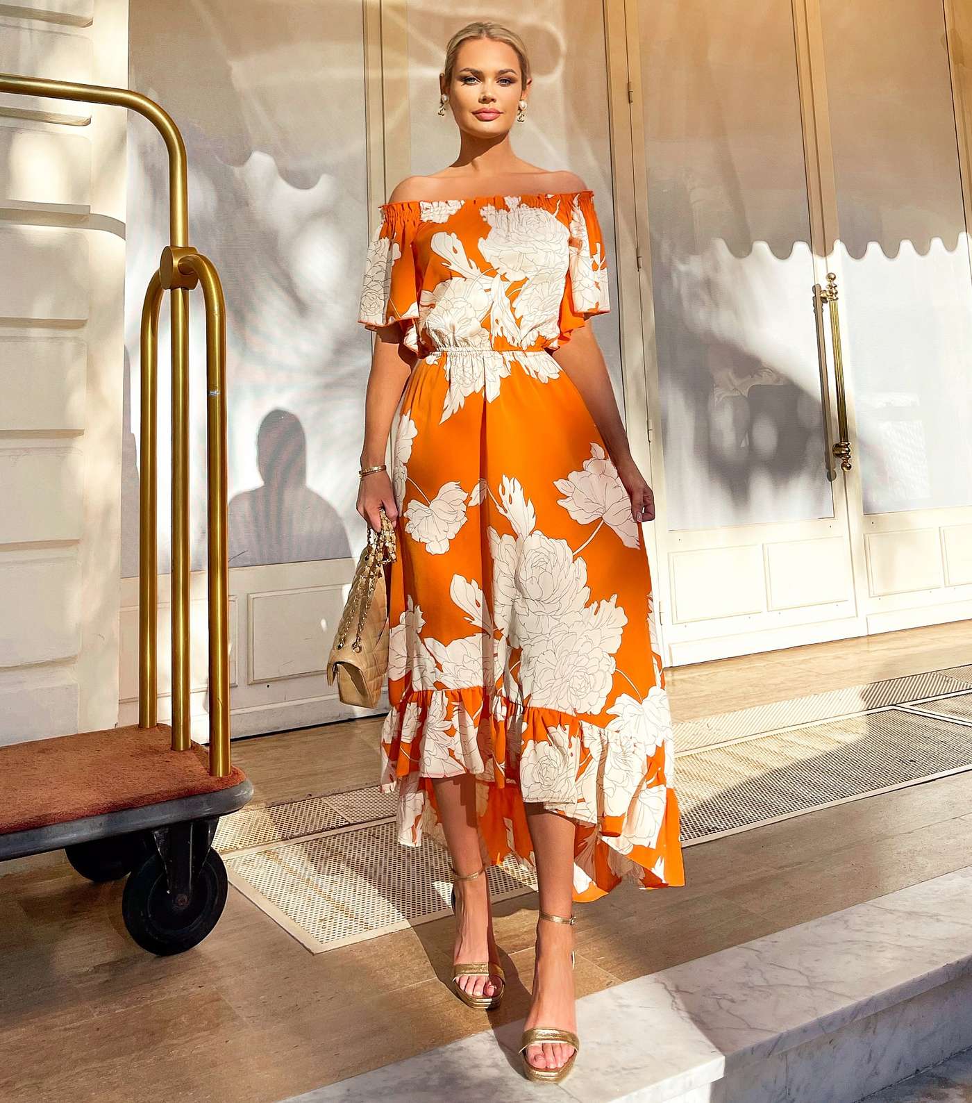 AX Paris Orange Floral Bardot Midi Dress Image 2