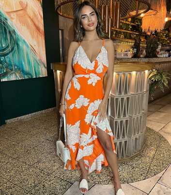 AX Paris Orange Floral Frill Midi Dress