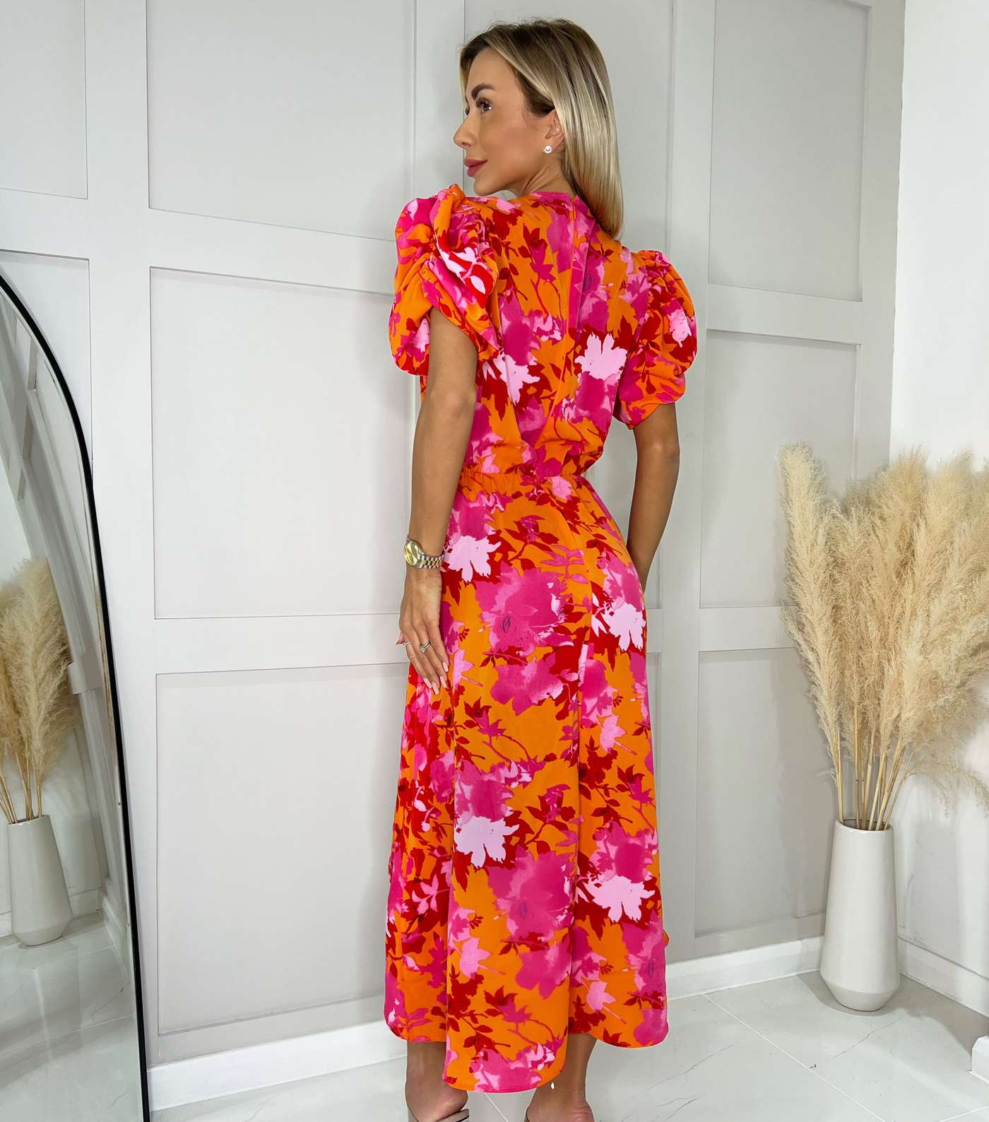 AX Paris Orange Floral Ruched Sleeve Midi Dress Image 3