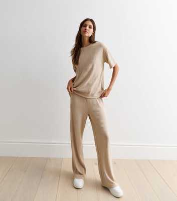 Cream Ribbed Knit Trousers