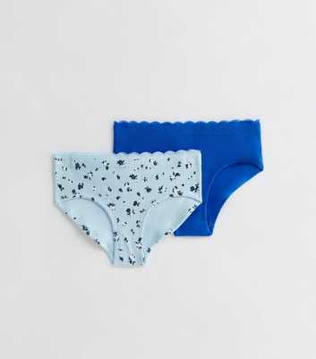 Girls 2 Pack Floral Print and Blue Ribbed Lace Trim Briefs