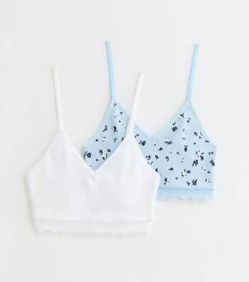 Girls 2 Pack Pale Blue Floral and White Lace Trim Crop Tops
