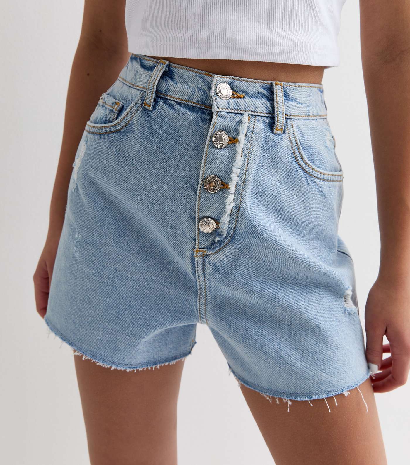 Girls Blue Button Front Mom Shorts Image 2