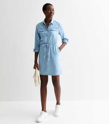 Tall Blue Lightweight Denim Drawstring Mini Shirt Dress