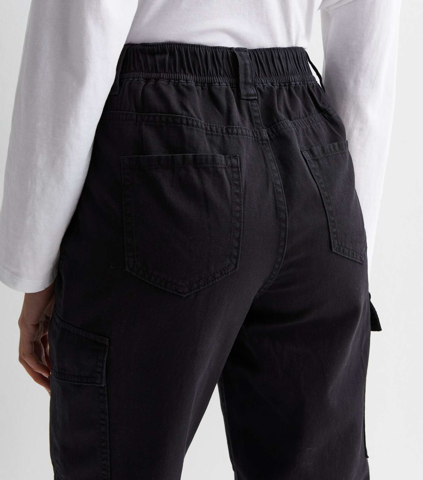 Black Denim Cuffed Cargo Trousers Image 6