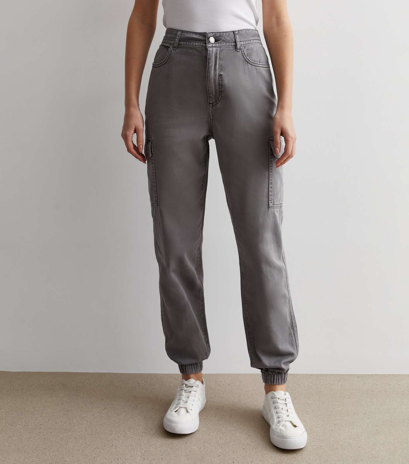Grey Denim Cuffed Cargo Trousers Image 3