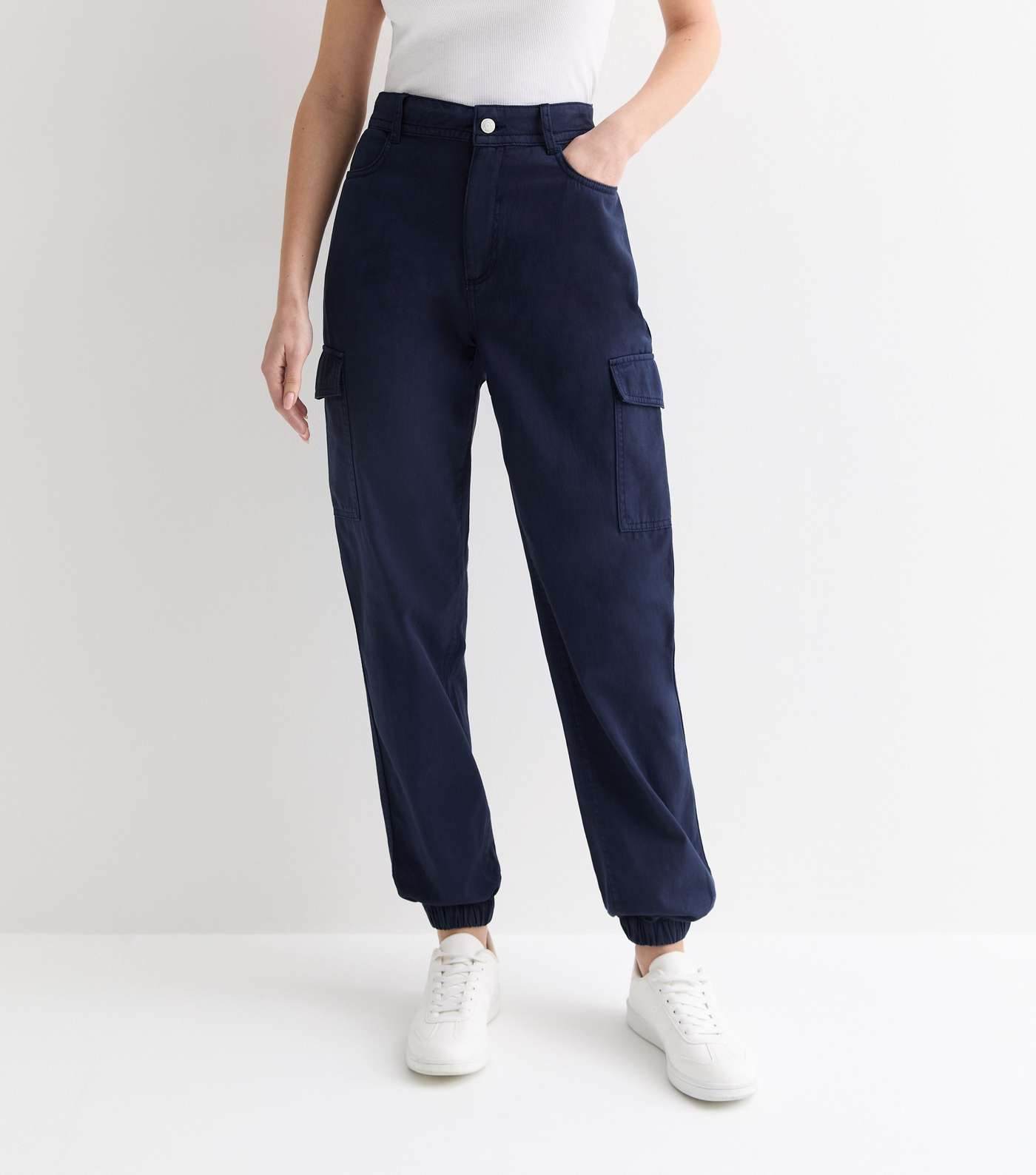 Navy Cotton Cuffed Tapered Cargo Trousers Image 2