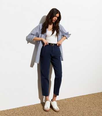 Navy High Waist Tapered Cotton Trousers
