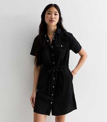 Black Lightweight Denim Drawstring Short Sleeve Mini Shirt Dress