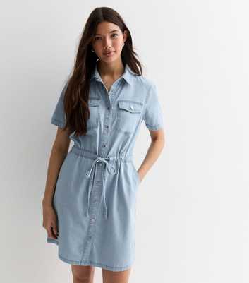 Pale Blue Lightweight Denim Drawstring Short Sleeve Mini Shirt Dress