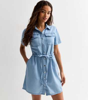 Petite Pale Blue Lightweight Denim Mini Shirt Dress