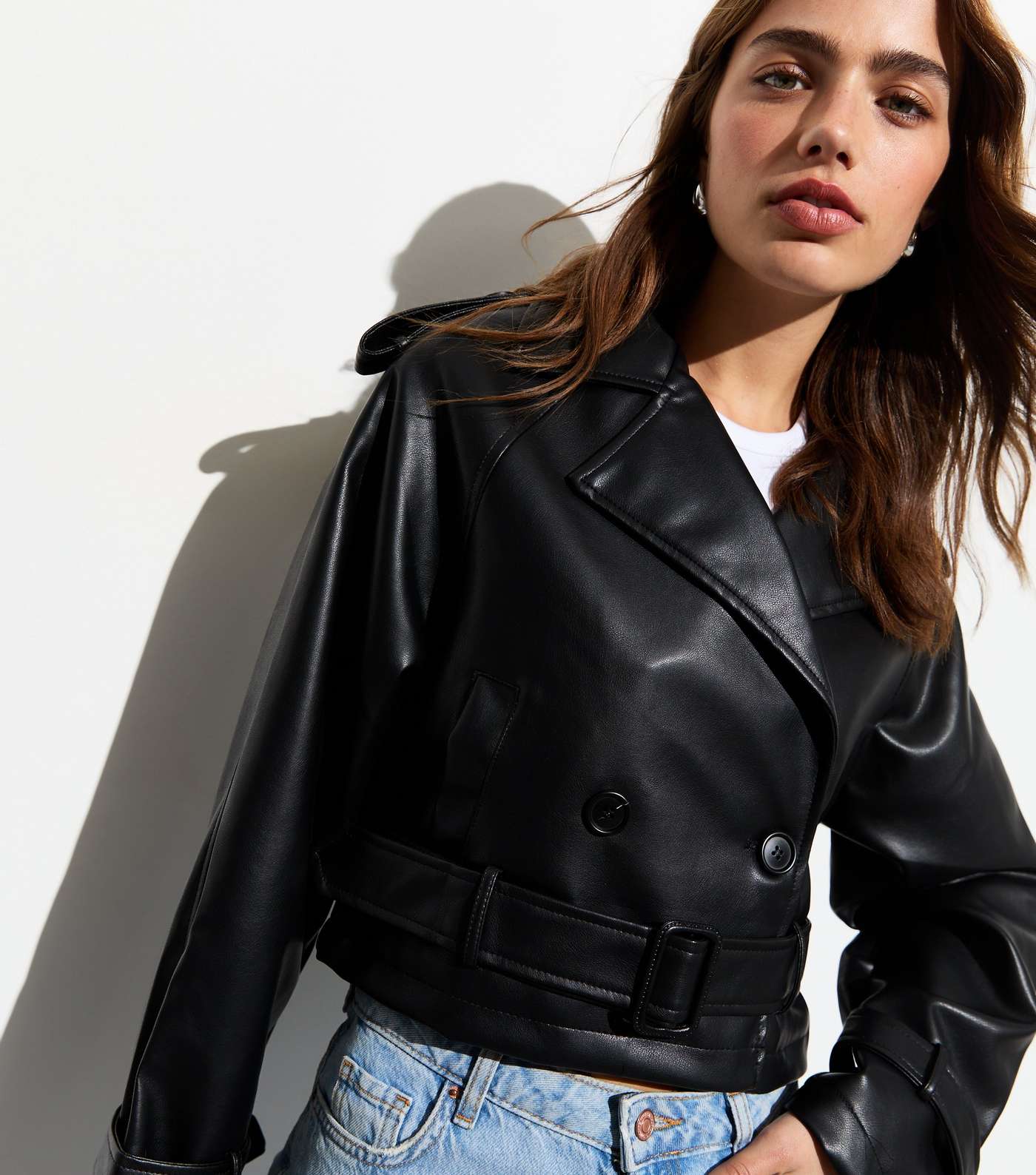 Cameo Rose Black Leather-Look Belted Crop Jacket Image 2