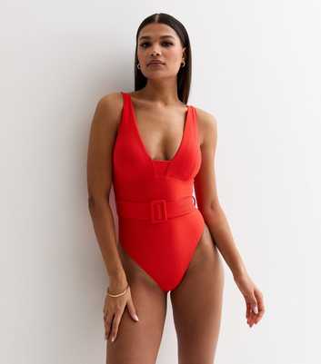 Red Textured Belted Swimsuit