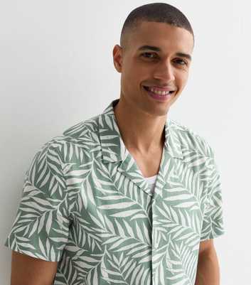 Khaki Linen Blend Palm Tree Print Shirt