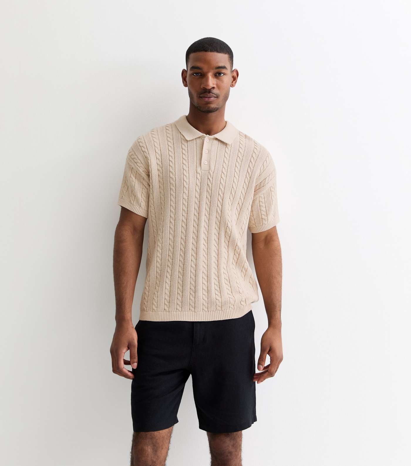 Off White Cable Knit Relaxed Fit Short Sleeve Polo Top Image 2