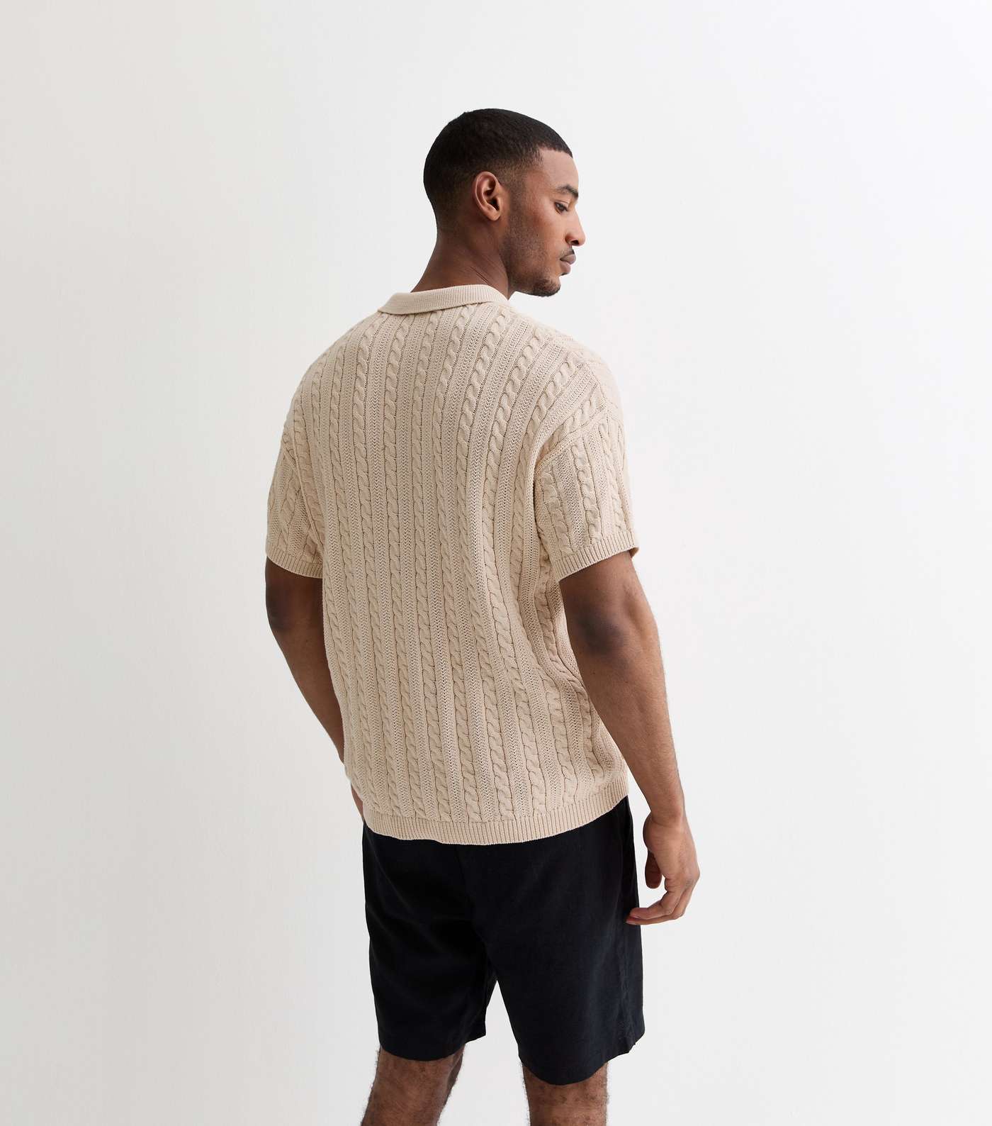 Off White Cable Knit Relaxed Fit Short Sleeve Polo Top Image 4