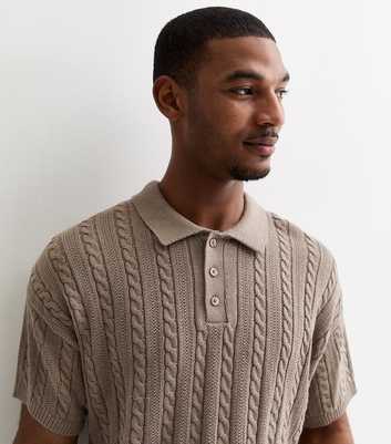 Light Brown Cable Knit Short Sleeve Polo Top