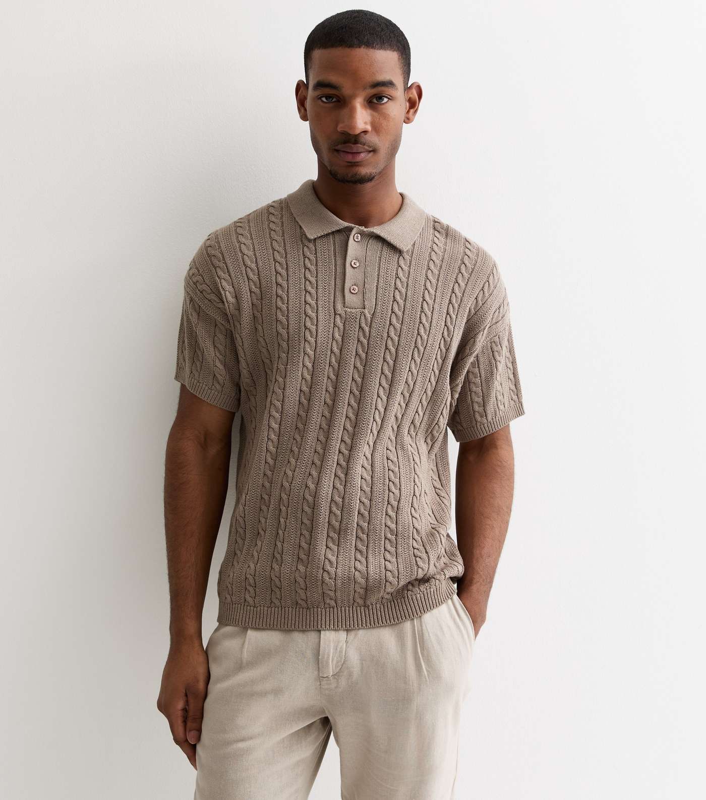 Light Brown Cable Knit Relaxed Fit Short Sleeve Polo Top Image 2