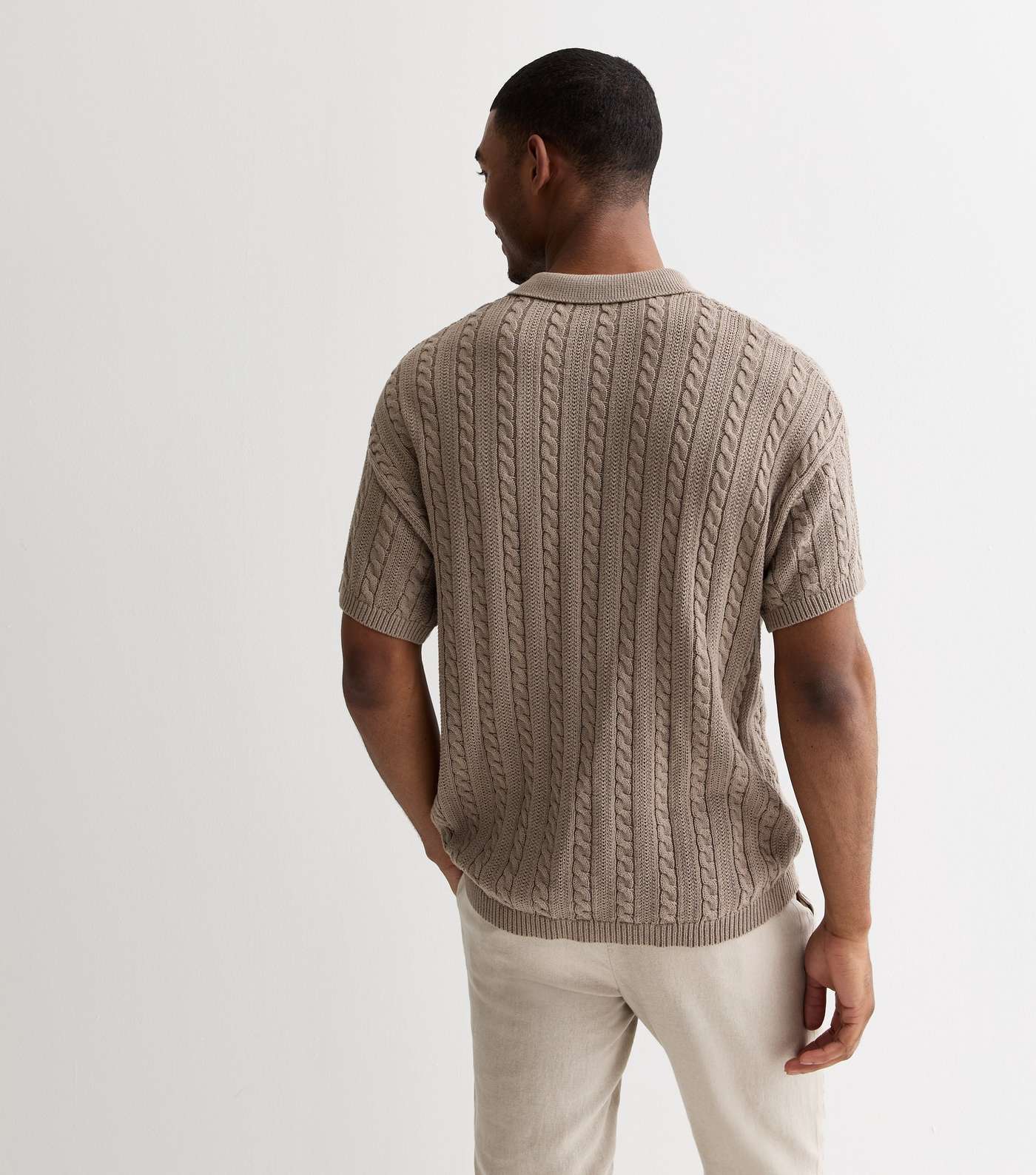 Light Brown Cable Knit Relaxed Fit Short Sleeve Polo Top Image 4