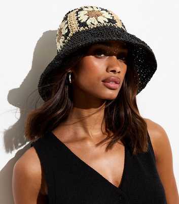Black Flower Straw Effect Packable Bucket Hat