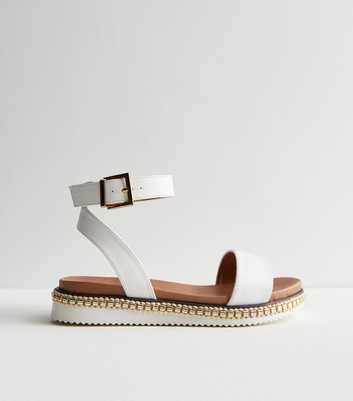 Wide Fit White Leather-Look 2 Part Gold Trim Sandals