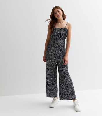 Girls Black Ditsy Print Strappy Ruched Wide Leg Jumpsuit